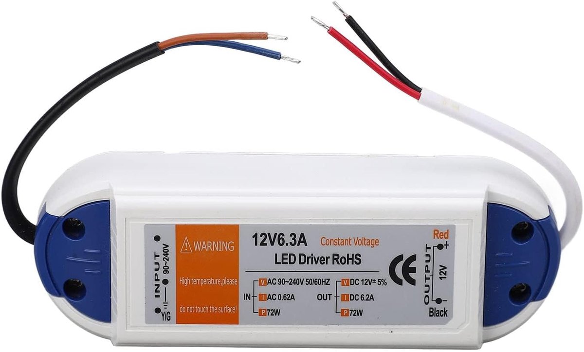 SnelShoppen - LED Transformator 6.2A 72W AC90-240V naar 12V Voedingsadapter Voor LED Stripverlichting met Overcurrent en Kortsluitbescherming, Voor Tu