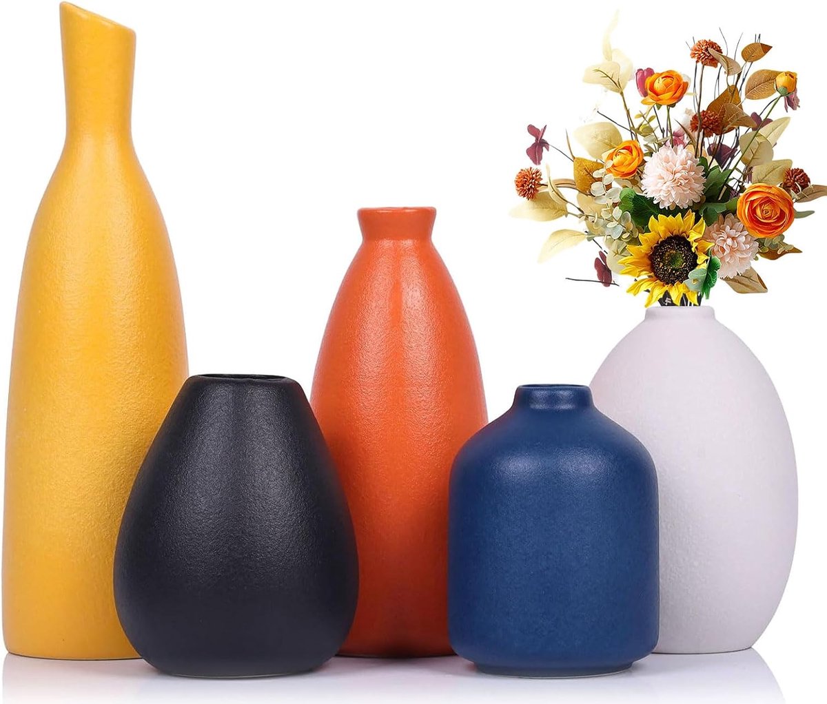 SnelShoppen - Set van 5 Kleurvolle Keramische Bud Vazen - Moderne Gele, Oranje, Blauwe Kleine Vazen voor Woondecoratie - Ideaal voor Woonkamer, Keuken