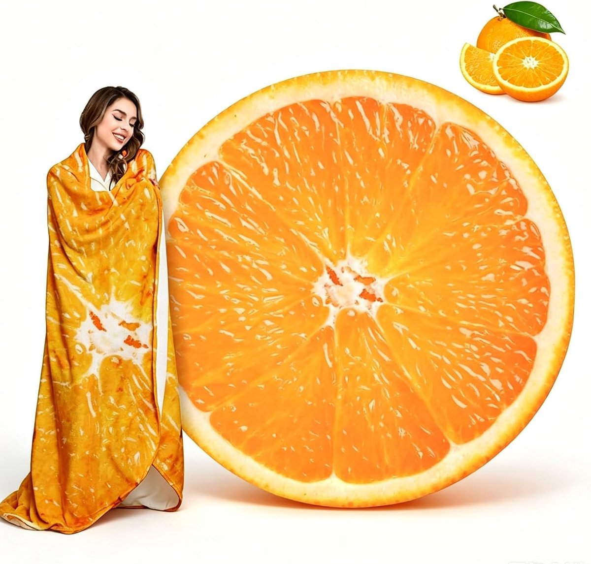 SnelShoppen - Mandarin Dekentje, Dubbelzijdig Ronde Novelty Dekens, Realistisch Voedselpatroon Creatief Dekentje, Zacht Flanel, 150x150CM, Voor Slaapk