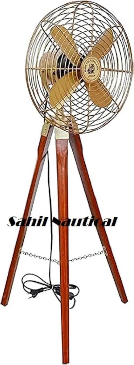 SnelShoppen - Vintage Stijl Messing Antieke Tripod Ventilator Stand Nautisch Vloerventilator voor Thuisdecoratie, Bruin, 27 Inch