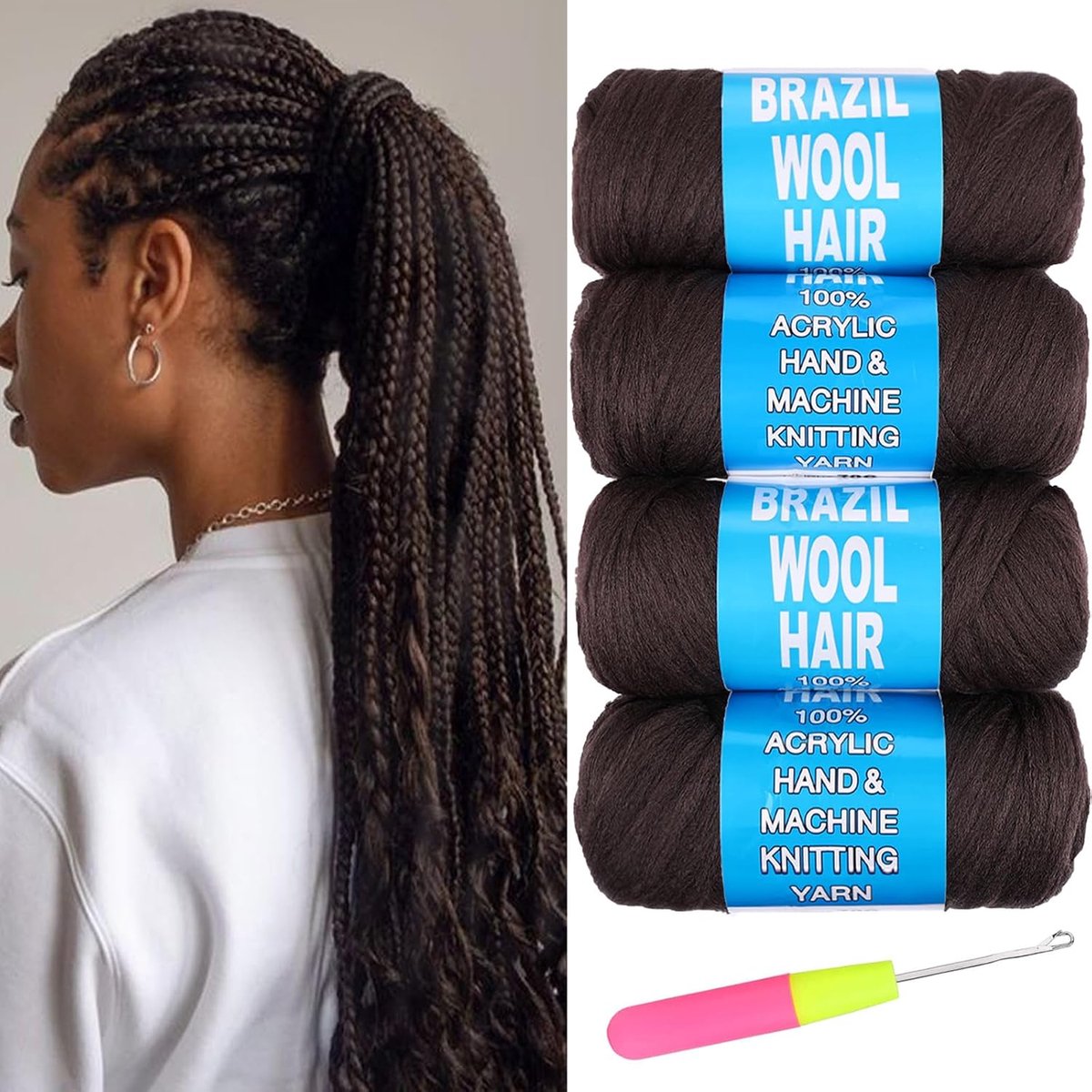 Braziliaans wolhaar 4 rollen - donkerbruin acryl - zijdeachtig en duurzaam - ideaal voor vlechten - ShopVlot