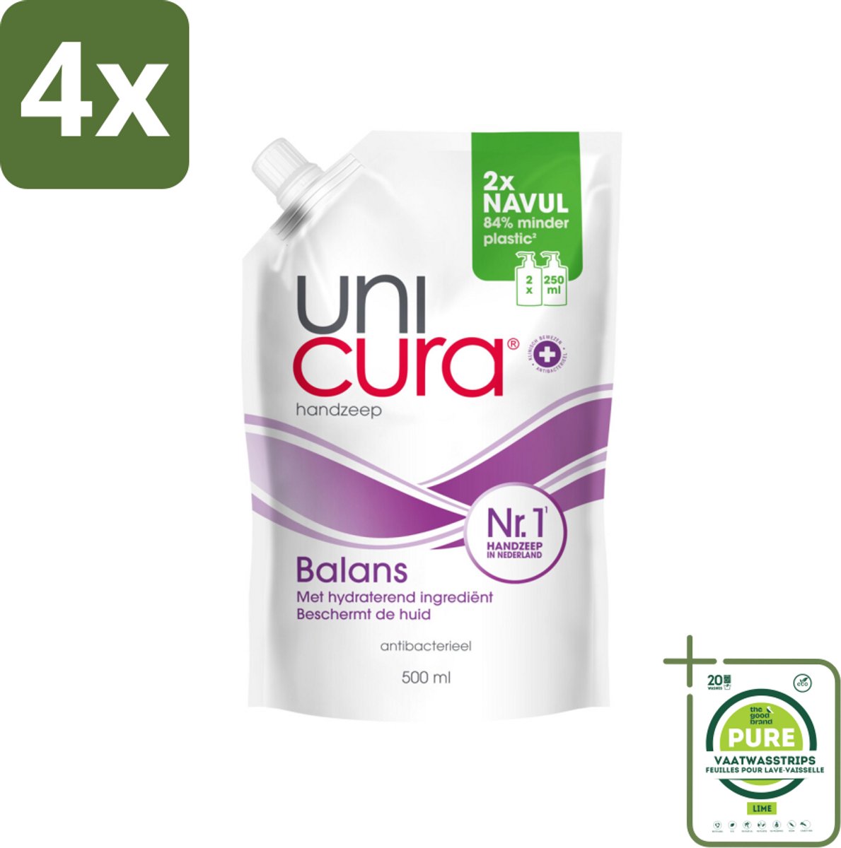 Unicura – Vloeibare Handzeep Navulling – Balans – 500 ml - Voordeelverpakking - 4 stuks - Handzeep - Antibacterieel