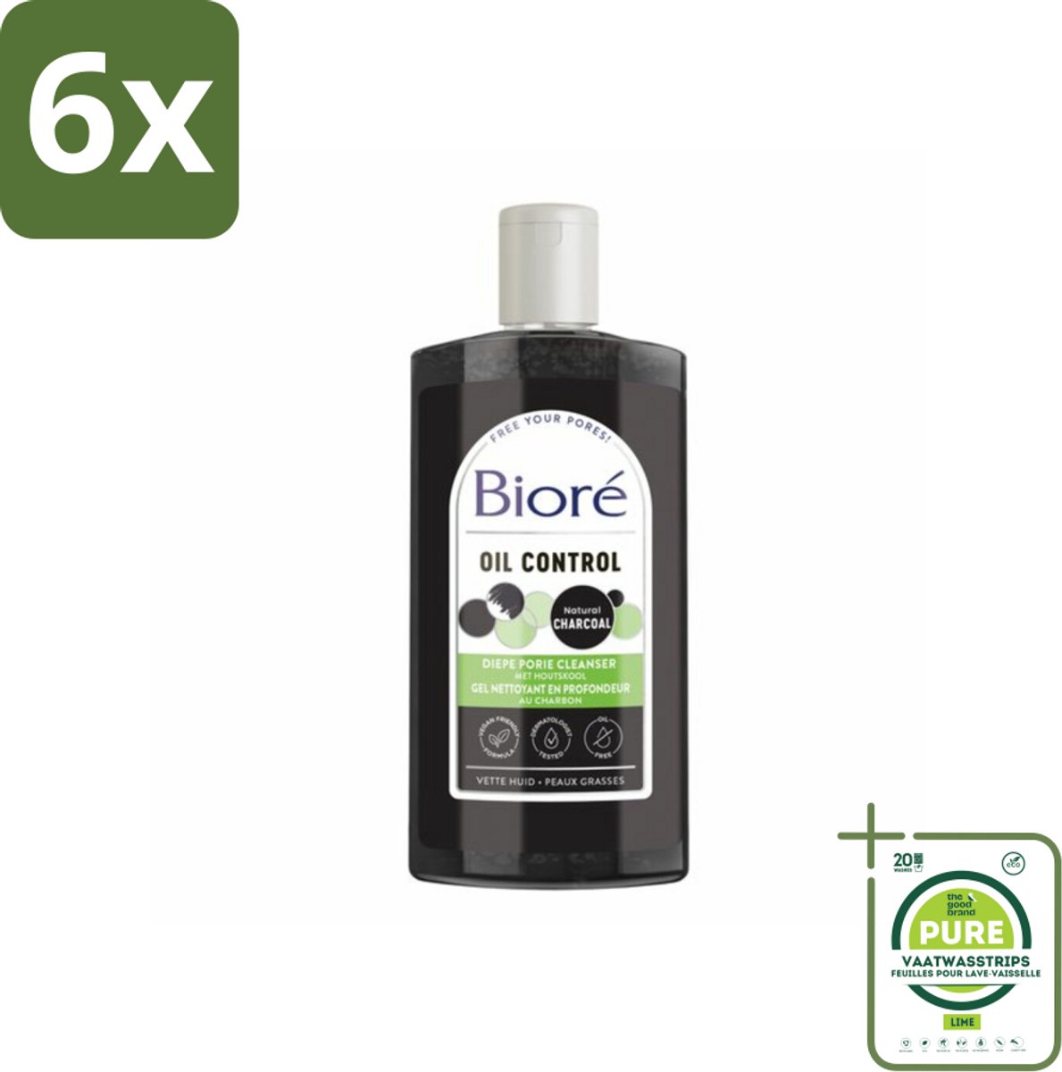 Bioré – Houtskool Reinigingsgel – Gezichtsreiniger – 200 ml - Voordeelverpakking - 6 stuks - Gezichtsreiniger - Houtskool