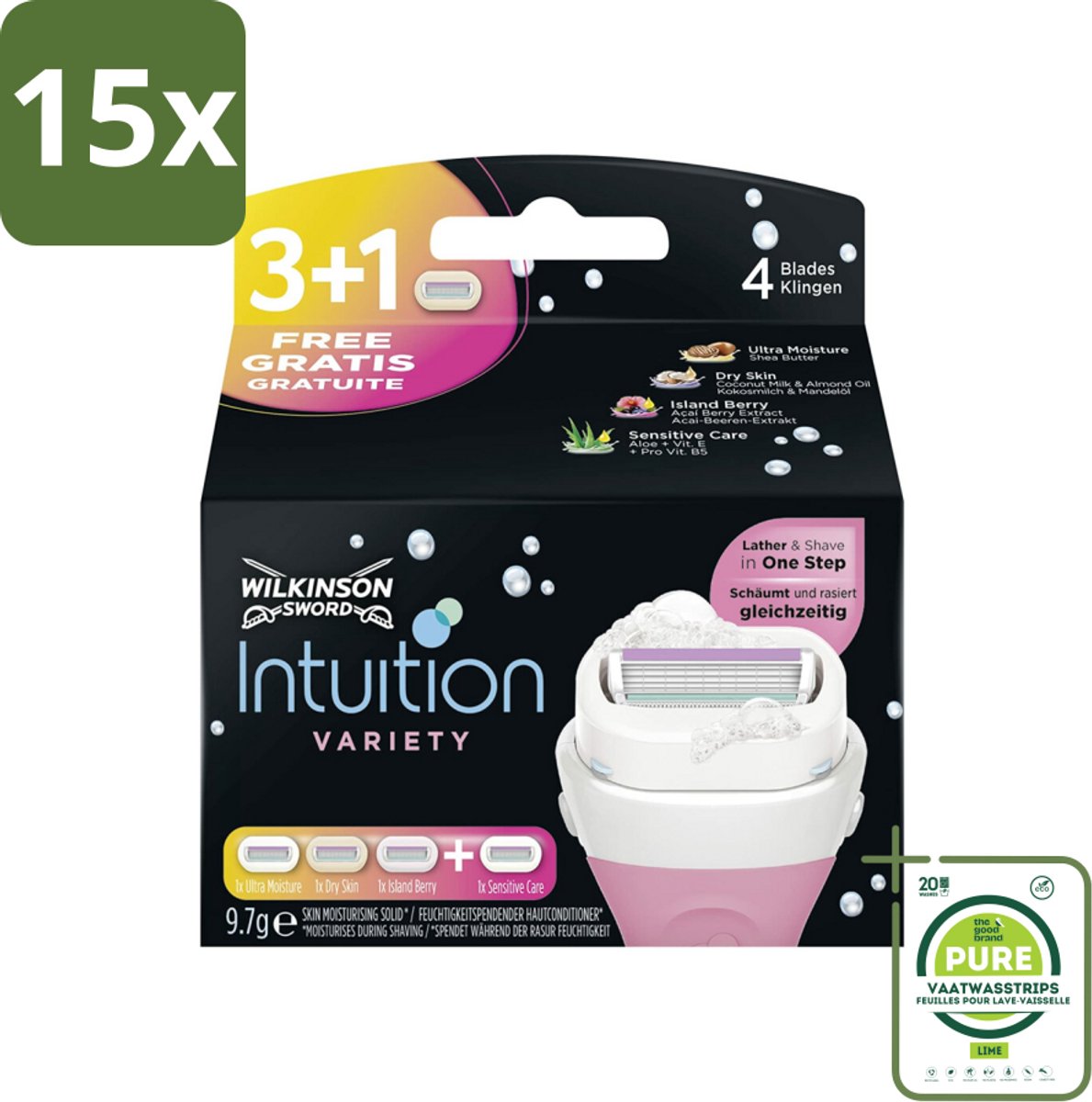 15 x Wilkinson Sword - Navulmesjes - Intuition 2-in-1 Variety - Diverse Gevoelige Huidtypes - 4 mesjes - Grootverpakking - Scheermesjes - Scheermes - Scheerapparaat - Vrouwen Scheermes - Gevoelige Huid