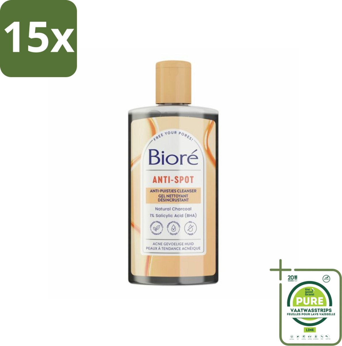 15 x Bioré – Houtskool Anti-Puistjes Reinigingsgel – Gezichtsreiniger – 200 ml - Grootverpakking - Houtskool Reinigingsgel - Puistjes Voorkomen - Gezicht Reinigen - Salicylzuur - Vet Huid Reinigen