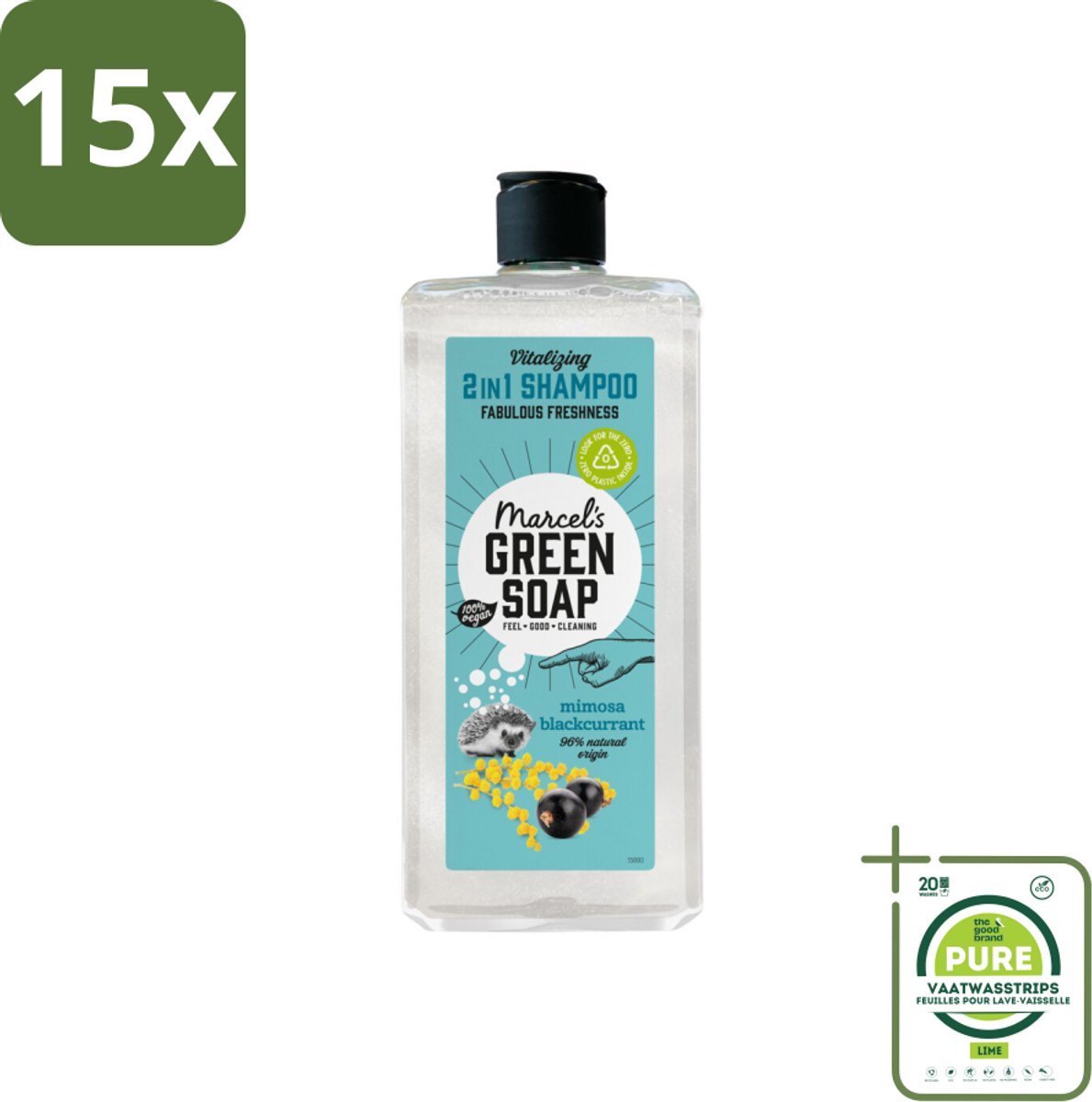 15 x Marcel's Green Soap - Shampoo & Conditioner 2-in-1 - Mimosa & Black Currant - Verzorging in één - 300 ml - Grootverpakking - Haarverzorging - Shampoo Conditioner - 2 In 1 - Mimosa - Zwarte Bes