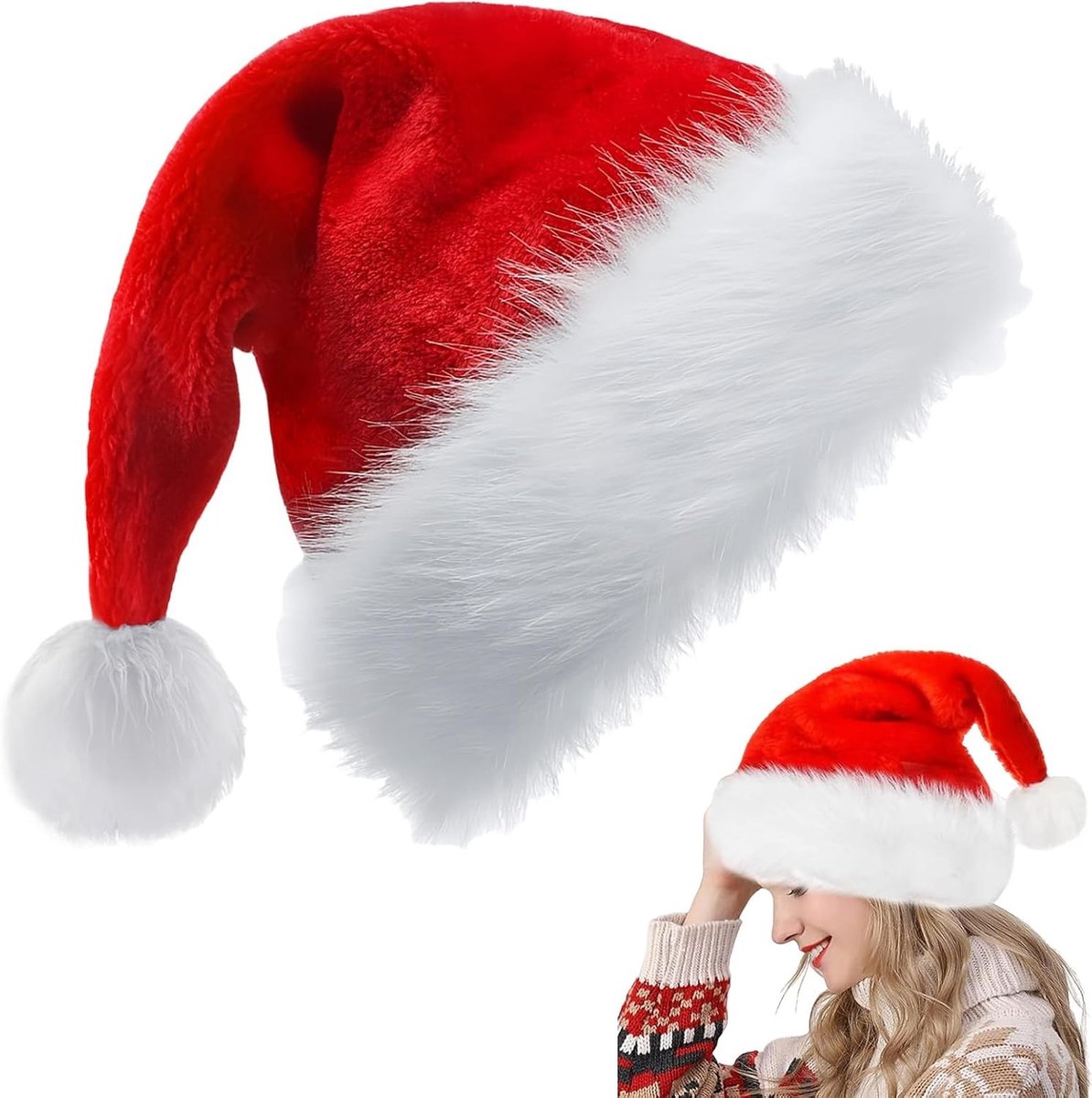 Kerstmutsen voor kinderen en volwassenen, pluche kerstmanhoed voor feestdagen, unisex fluwelen kostuumaccessoire voor Kerstmis en nieuwjaar