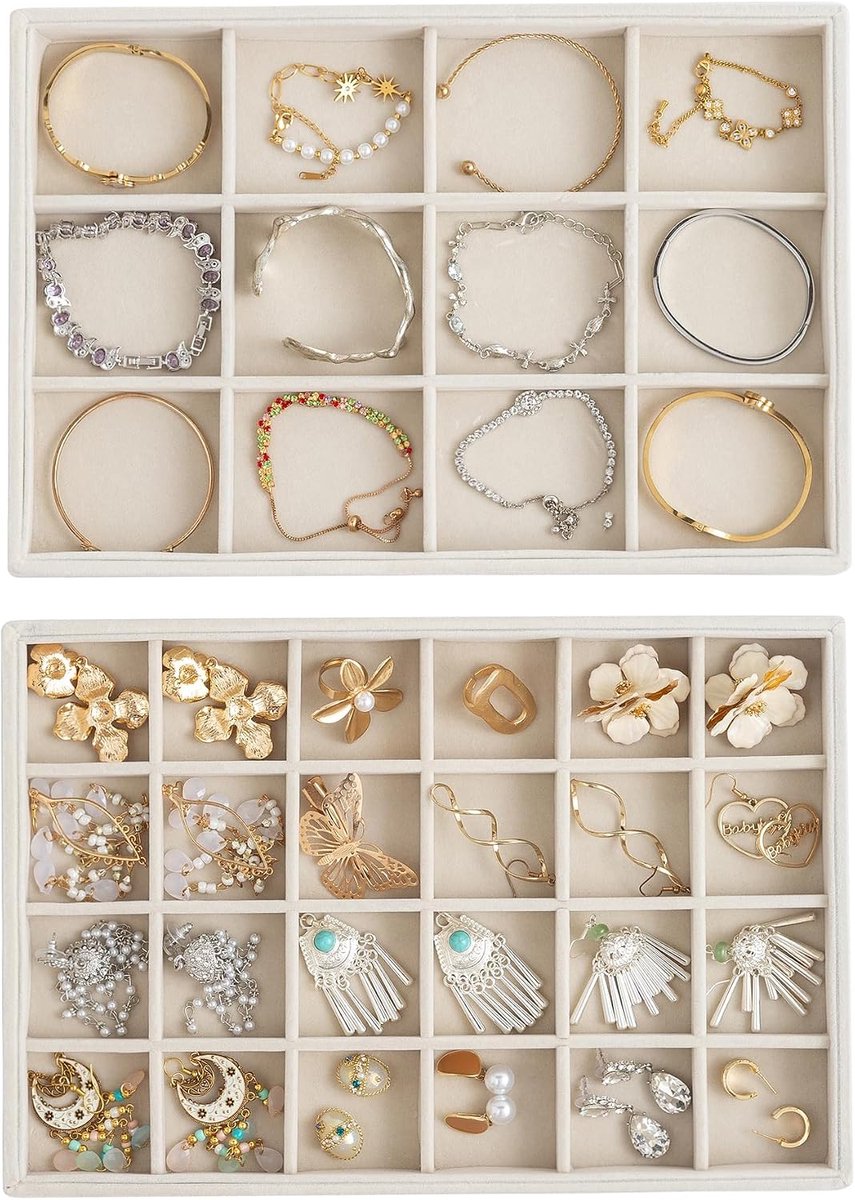 SnelShoppen - Jewelry Tray Organizer Set - 2 Stuks Beige - 12 en 24 Compartment Sieradendoos - Luxe Fluweel - Voor Oorbellen, Kettingen en Ringen