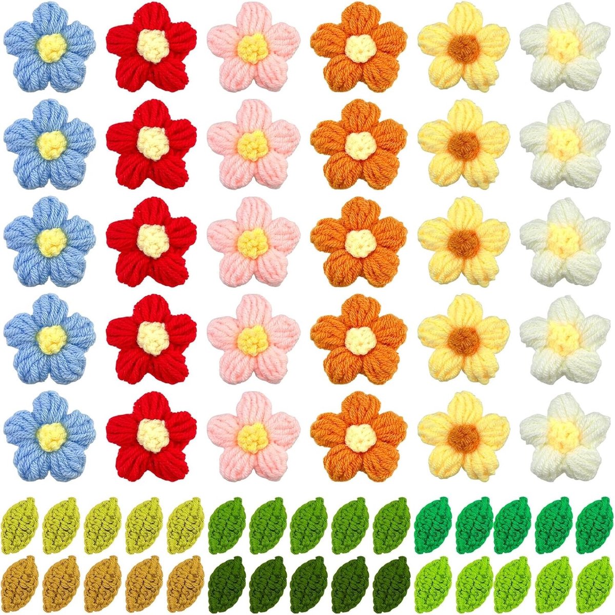 Gehaakte bloemen set van 30 stuks voor naaien en knutselen, perfect voor hoeden, jassen en feestdecoratie, inclusief handgemaakte bladeren en cadeau-ideeën