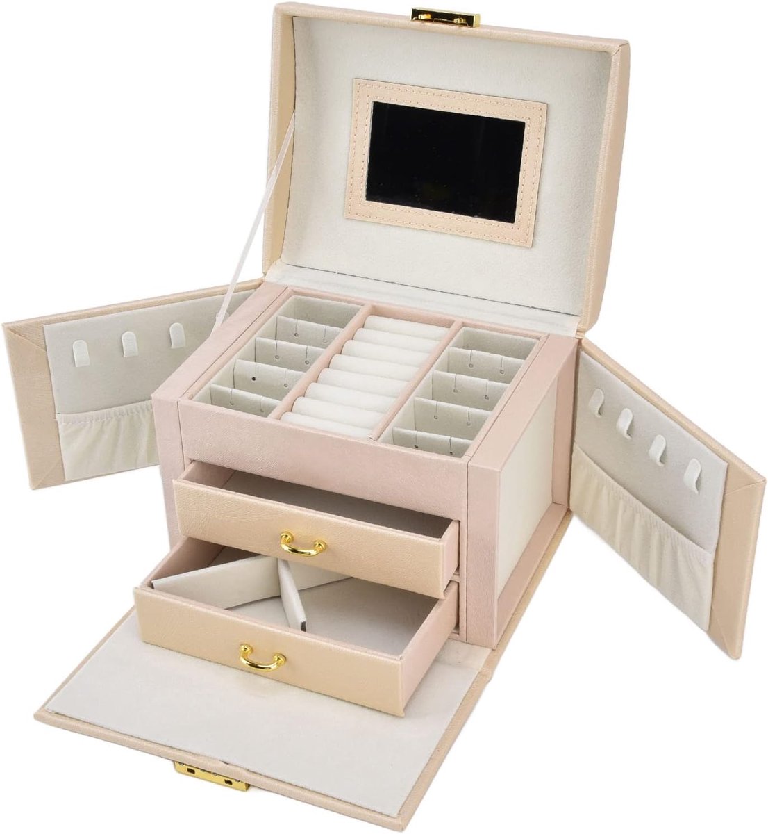 SnelShoppen - Houten juwelendoos met dubbele laden, compacte juwelendoos voor kettingen en sieraden, stijlvolle opbergdoos voor accessoires, 25x15x10