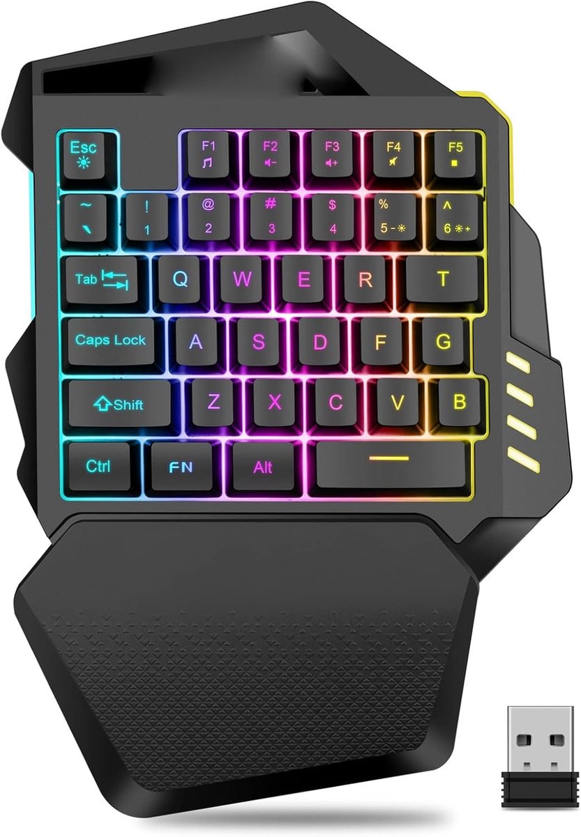 SnelShoppen - Eenhandig Gaming Toetsenbord, Mini RGB Kleurrijk Verlicht 2.4G Draadloos Gaming Toetsenbord voor PC Gamer, Met Afneembare Polsteun, 35 T