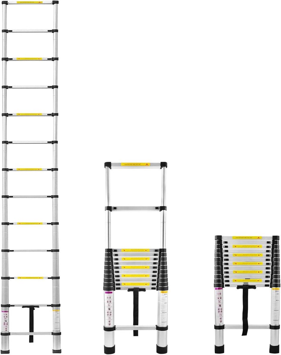 Telescopische Ladder - Uitschuifbare Ladder - Klus Klussen - Robuust Aluminium - 380cm Hoog - Zilver
