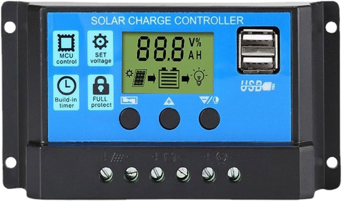 SnelShoppen - CAM2 Zonne-energie Converter 30A Zonne Charger Controller met LCD Display, 12V/24V Automatische Detectie, Driefasige PWM Opladen, USB-ui