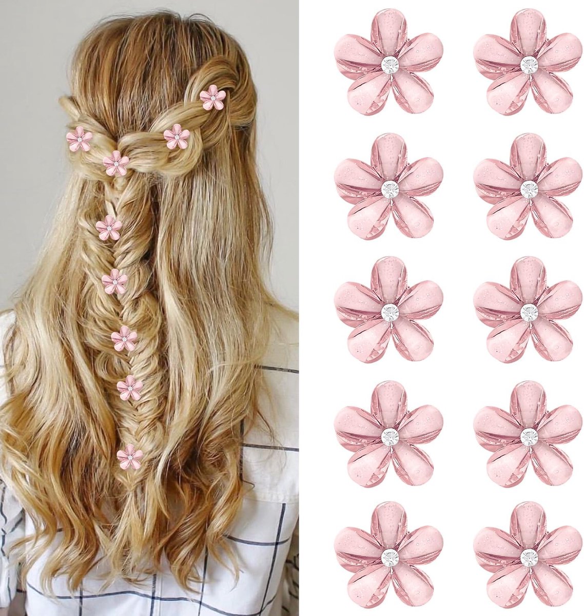 SnelShoppen - 10 Stuks Roze Bloem Haarspeldjes - 2cm Mini Strass Klemclips voor Meisjes en Vrouwen, Bruiloft & Dagelijks Gebruik