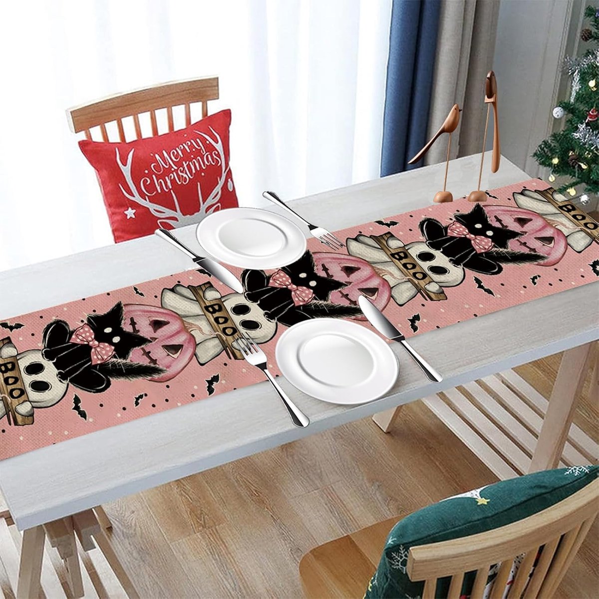 SnelShoppen - Halloween Tafelkleed Black Cat Bat - 180x33cm - Festive Seizoensdecoratie - Herfst en Halloween - Perfect voor Eettafel, Feest, en Thuis