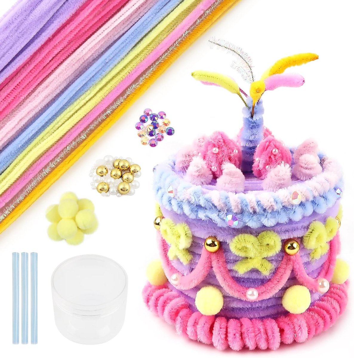 SnelShoppen - Toaob Pijpjes Schoonmaakset Verjaardagstaart Decoratie voor Knutselen, 148 Stukken, Multikleur Pijpjes 30cm, Taartopslagdoos met Accesso
