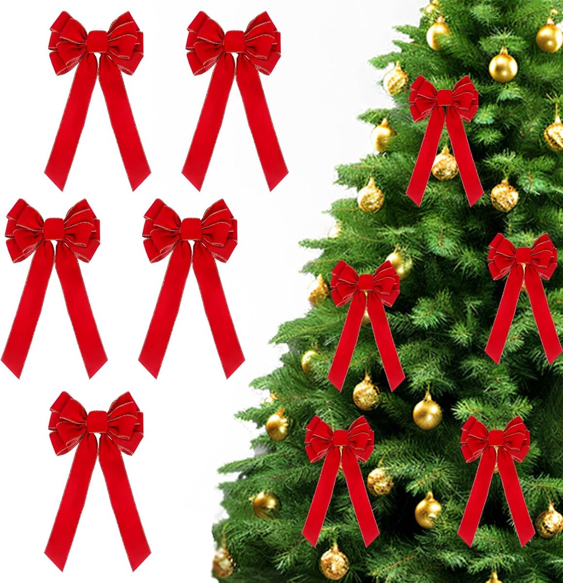 SnelShoppen - 5 Stuks Rode Fluwelen Kerststrikken met Gouden Rand - Grote Gewatteerde Strikken voor Kransen, Deuren, Cadeaus en Kerstbomen - Binnen en