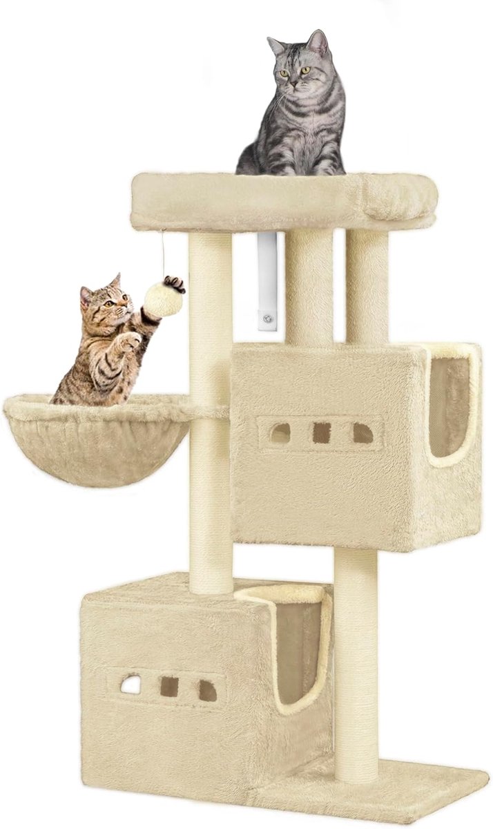 Hzuaneri 98 cm Krabpaal, kattenboom, kleine krabpaal met meerdere verdiepingen met zitstang, kattenhuismeubel met 2 holten, sisal kattenkrabpaal, hangmat, hol, Beige