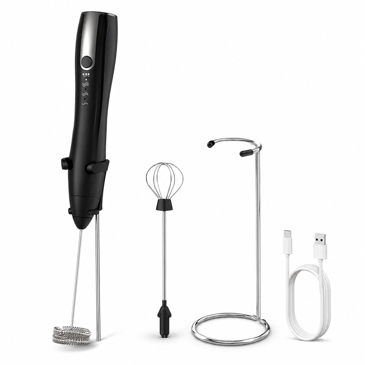 Bobypet - Elektrische Melkopschuimer Handheld - Oplaadbaar via USB-C - Met Standaard en 2 Gardes - 3 Snelheden - Roestvrij Staal -Zwart