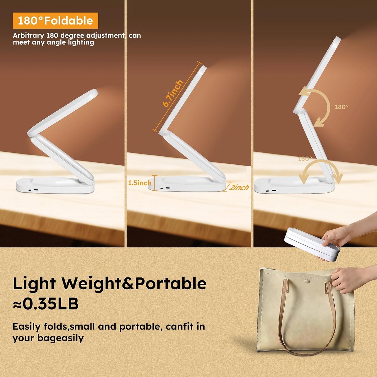 Bobypet - Opvouwbare Draadloze LED Bureaulamp met Accu - Oplaadbare Leeslamp met 3 Lichtstanden en Dimbare Functie - Draagbare USB C Tafellamp voor Studie, Kantoor, Reizen en Nagels - Wit thumbnail 2