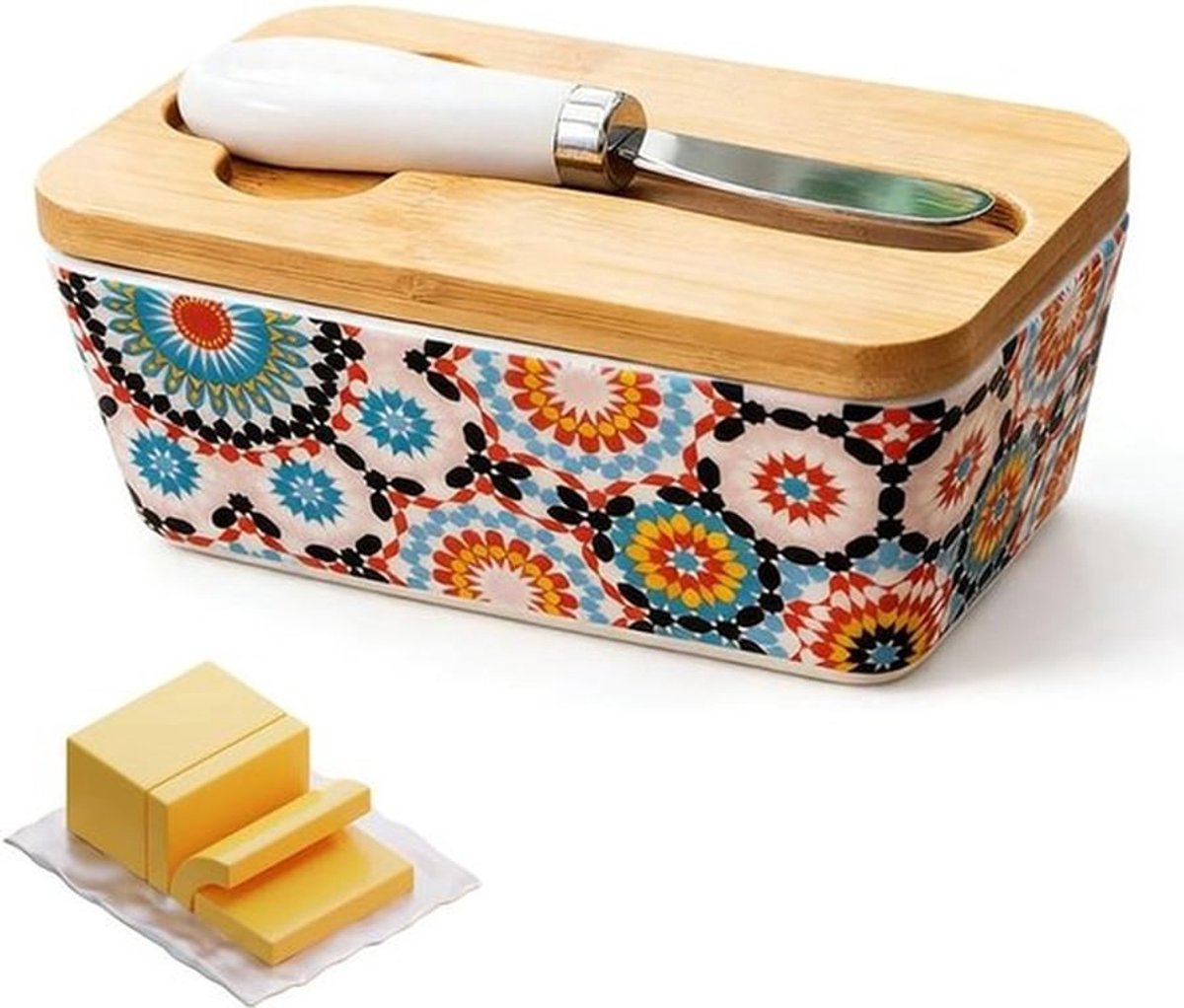 Grote Porseleinen Botervloot met Houten Deksel en Botermes, Multifunctionele Botervloot voor Keuken en Huishouden, Ideaal voor Versheid en Presentatie