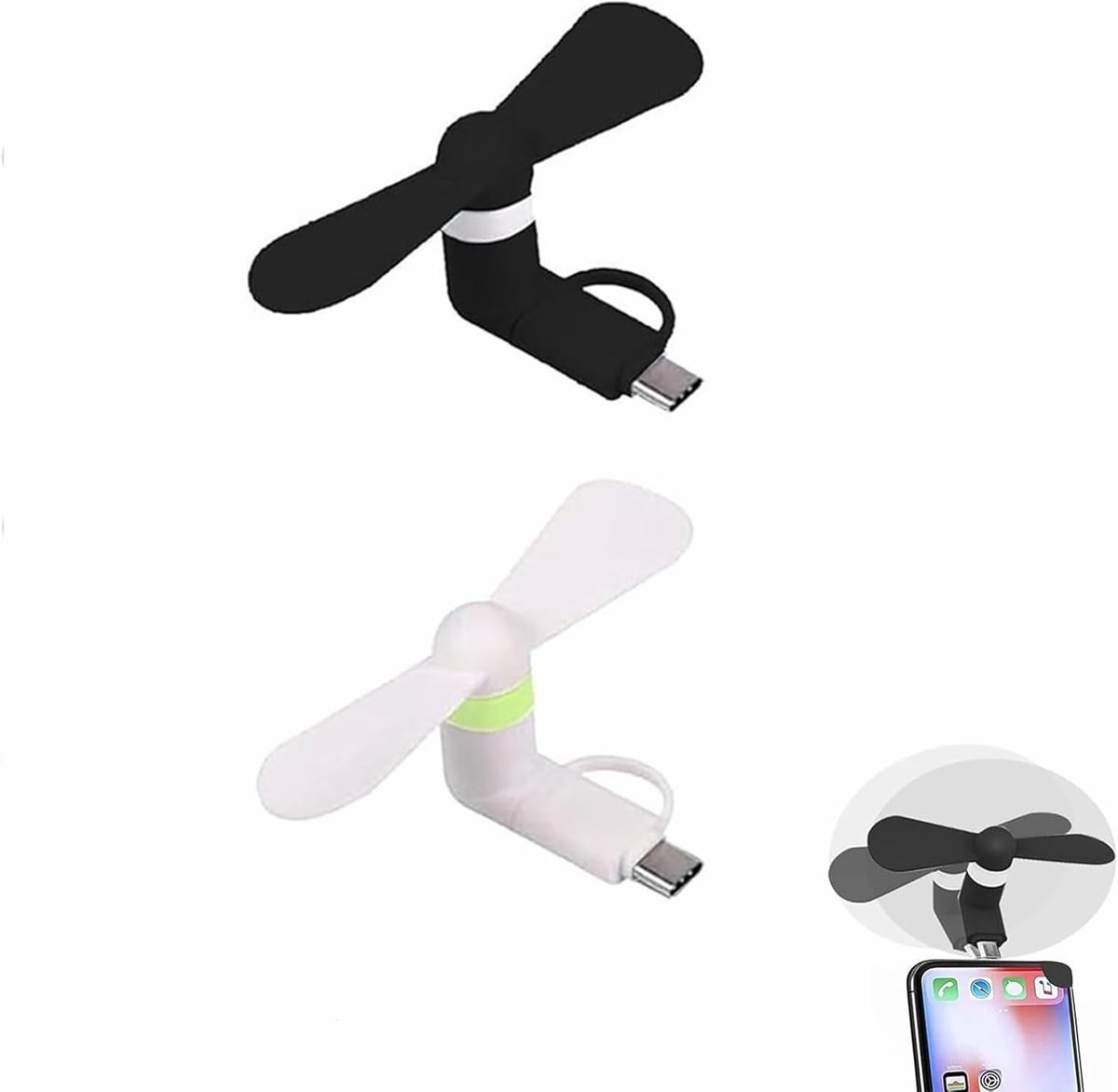 Mini USB Ventilator voor Mobiele Telefoon - Zwart - Compact en Draagbaar - 2-in-1 Ventilator voor Android Telefoons en USB Type C - 2 Stuks