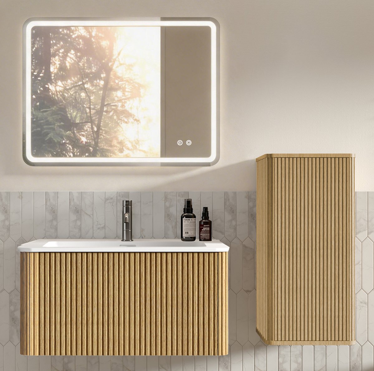 FloraGrace Badkamerkast - Wandhangende Wastafelonderkast Met Led Spiegel En Zijkast - Modern Voor Badkamer En Gastentoilet - 81 Cm - Eiken