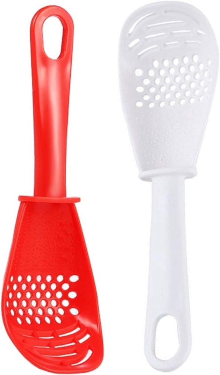 Multifunctionele Kooklepel Set van 2, Hittebestendige Lepels voor Scheiden van Eiwit, Knoflook Rasp en Roeren, Rood en Wit