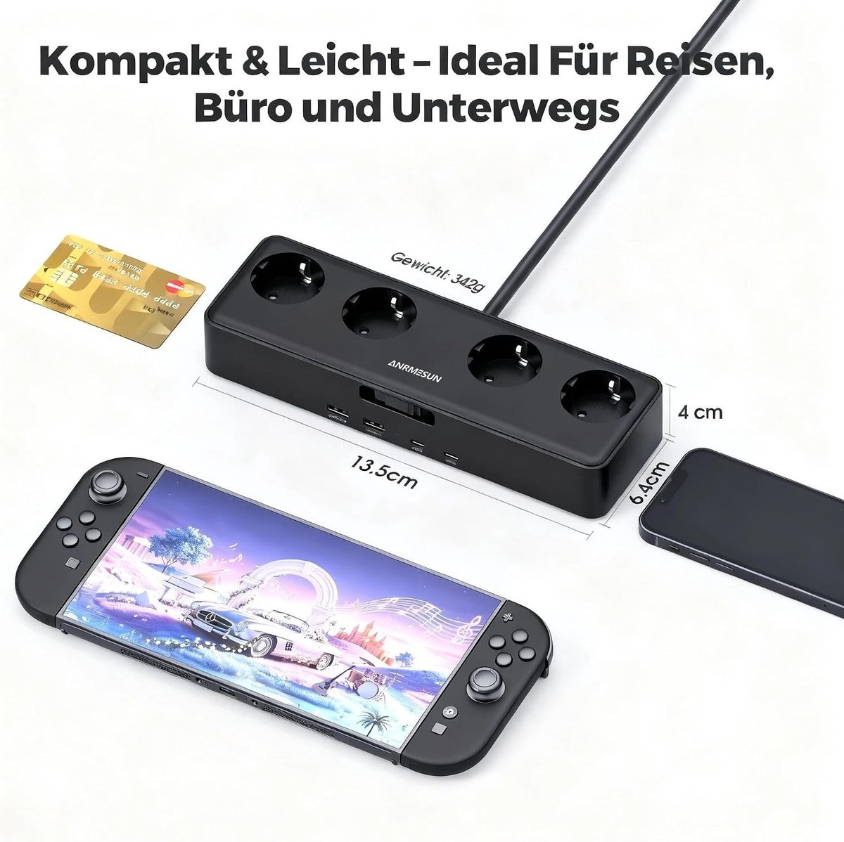 Stekkerdoos met USB C PD 20 W - Wit - 4 Stopcontacten en 2 USB-C - 9-in-1 Meervoudig Stopcontact met Intrekbare Kabel - Voor Thuis en Kantoor