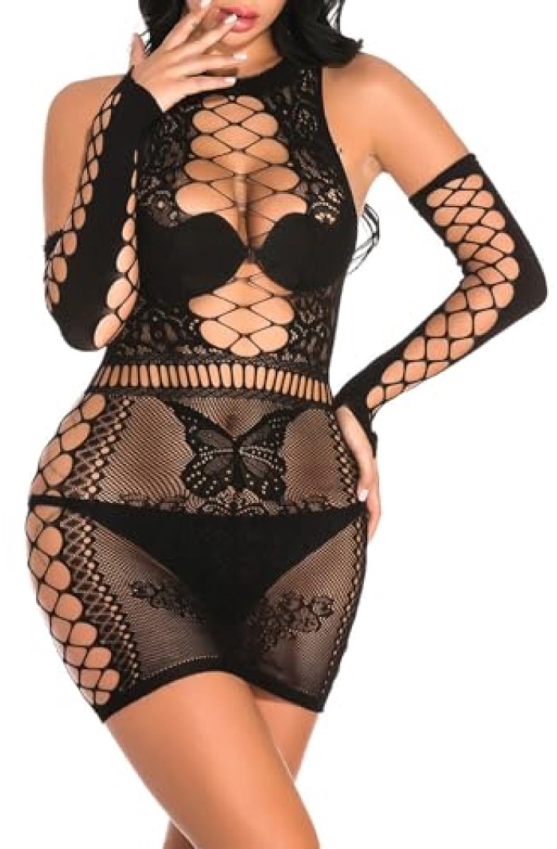 ModernStore Sexy transparante netjurk met bijpassende beha en G-string – Zwart, One size
