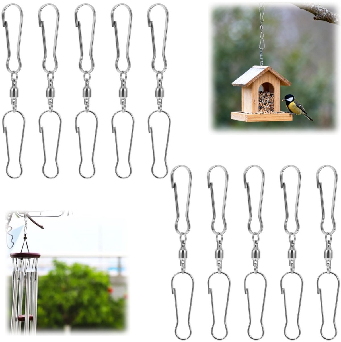 10 stuks Ophanghaken - Windgong haken - Windwijzerclips - Potplanten ophangclips - 360° draaibaar - Vogelkooihaken - Roestvrij staal - Voor planten, vlaggen, windwijzers, windgongen, vogelkooien (7 cm - zilver)