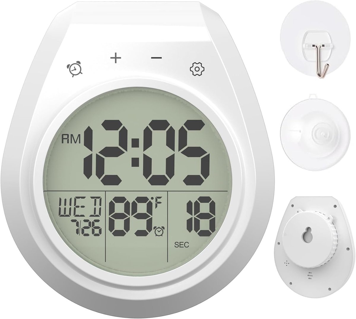 OLOEY Doucheklok met timer-waterdicht-digitale badkamerklok met afteltimer-temperatuur-datum-week-seconden-zuignap-voor aan de muur-voor op de spiegel-bij het zwembad-in bad-in de keuken-werkt op batterijen-wit
