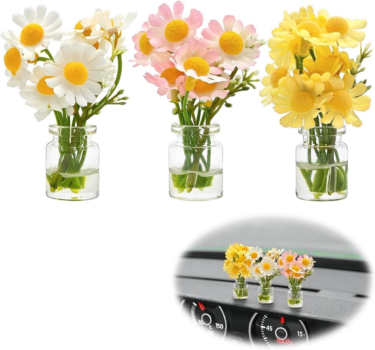 Mini Daisy Decoratie - Bloem Auto Accessoires - Auto Interieur Opvrolijken - Veelzijdig Decoratief Gebruik - 3 Stuks