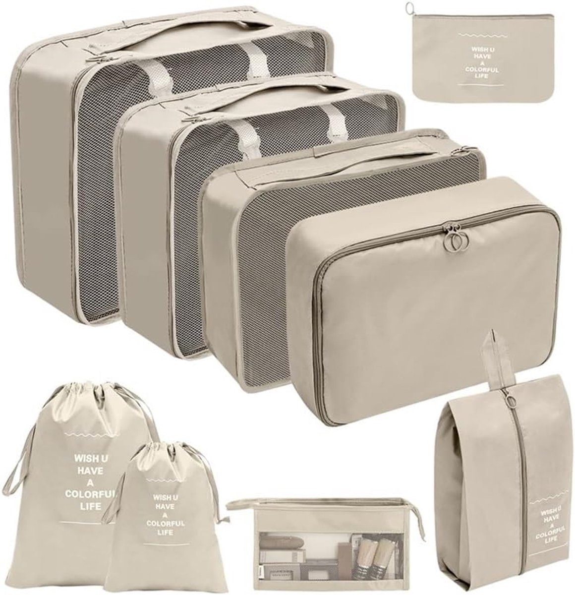 Reis Organizers - Opbergtassen Set - Koffer Inpakken - Ruimtebesparend Ontwerp - 9 Stuks - Beige