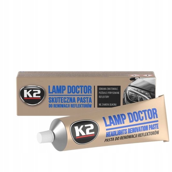 K2 Lamp Doctor tube met renovatiepasta voor koplampen. De verpakking toont een koplamp.