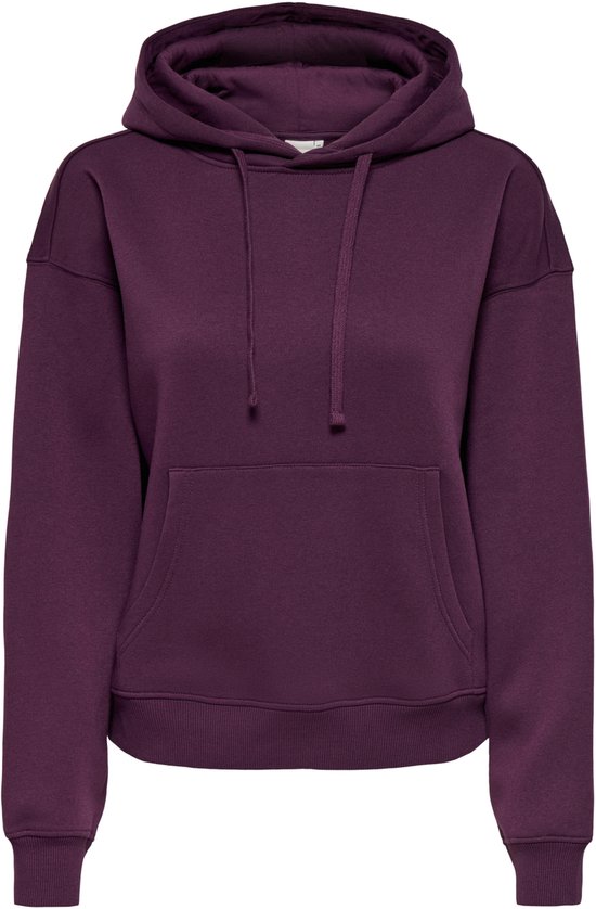 Paarse hoodie met capuchon en koordjes, voorvak.