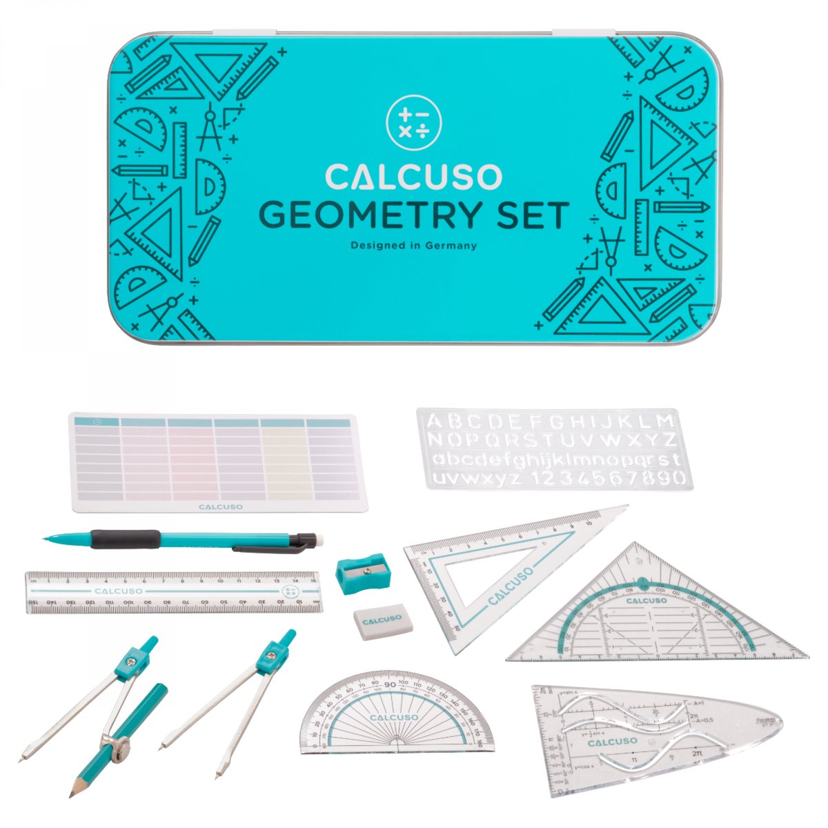 Geodriehoek, Passer, Liniaal en Accessoire Set - Geometrieset 14-delig - in duurzame metalen doos