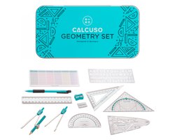 Geometrieset met geodriehoek en passer in metalen doos
