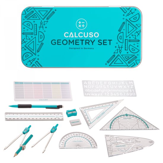 Geodriehoek, Passer, Liniaal en Accessoire Set - Geometrieset 14-delig - in duurzame metalen doos