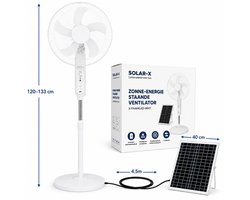 Zonne-energie Staande Ventilator – 120-133 cm – Zonnepaneel & Accu – 3 Snelheden – Wit - Met afstandsbediening - Ingebouwde nachtlamp