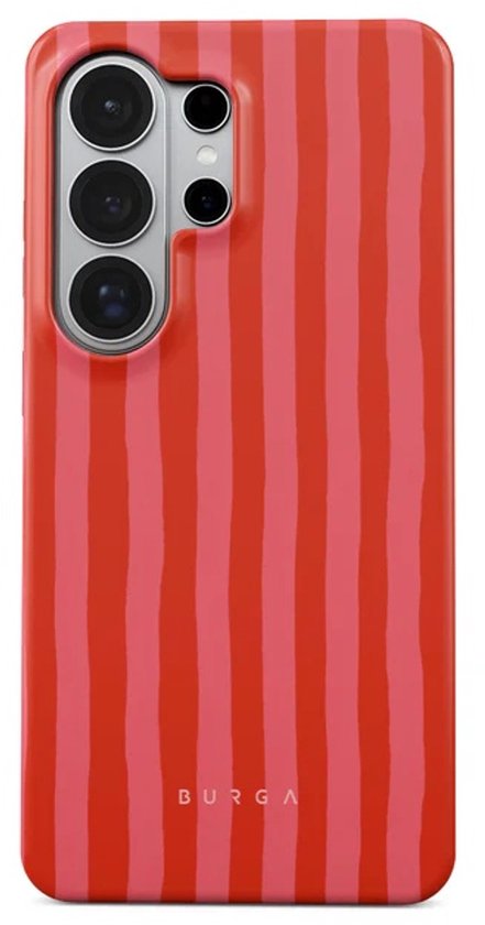 Roze en rode gestreepte telefoonhoes voor Samsung Galaxy S26 Ultra met BURGA-logo.