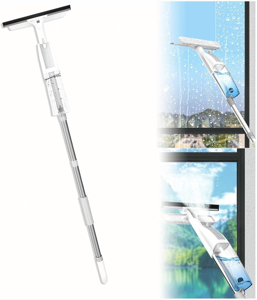 Ruitenwasser Set - Schoonmaak Tool - Glas Reinigen - 3-in-1 Spray Functie - 120 cm Uitschuifbaar - Grijs