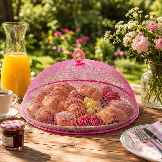 Excellent Houseware Anti vliegen/wespen kap voor voedsel - D35 cm - roze - eten beschermen tegen insekten - Afdekkap / vliegenkap — afbeelding 3