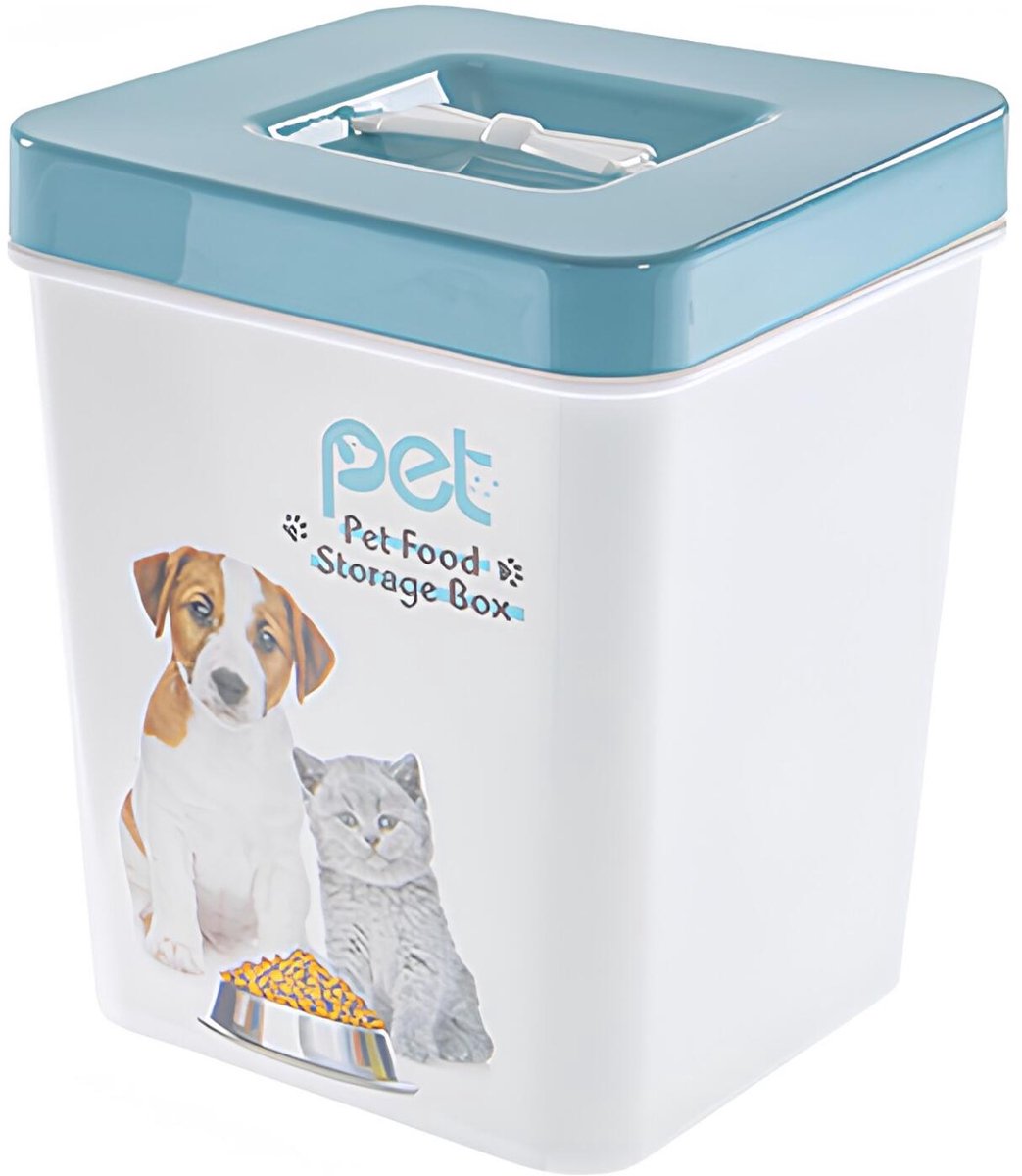 CM Huisdieren honden/katten voedsel voercontainer - voorraad box - kunststof - 3.5 liter - deksel - wit/blauw
