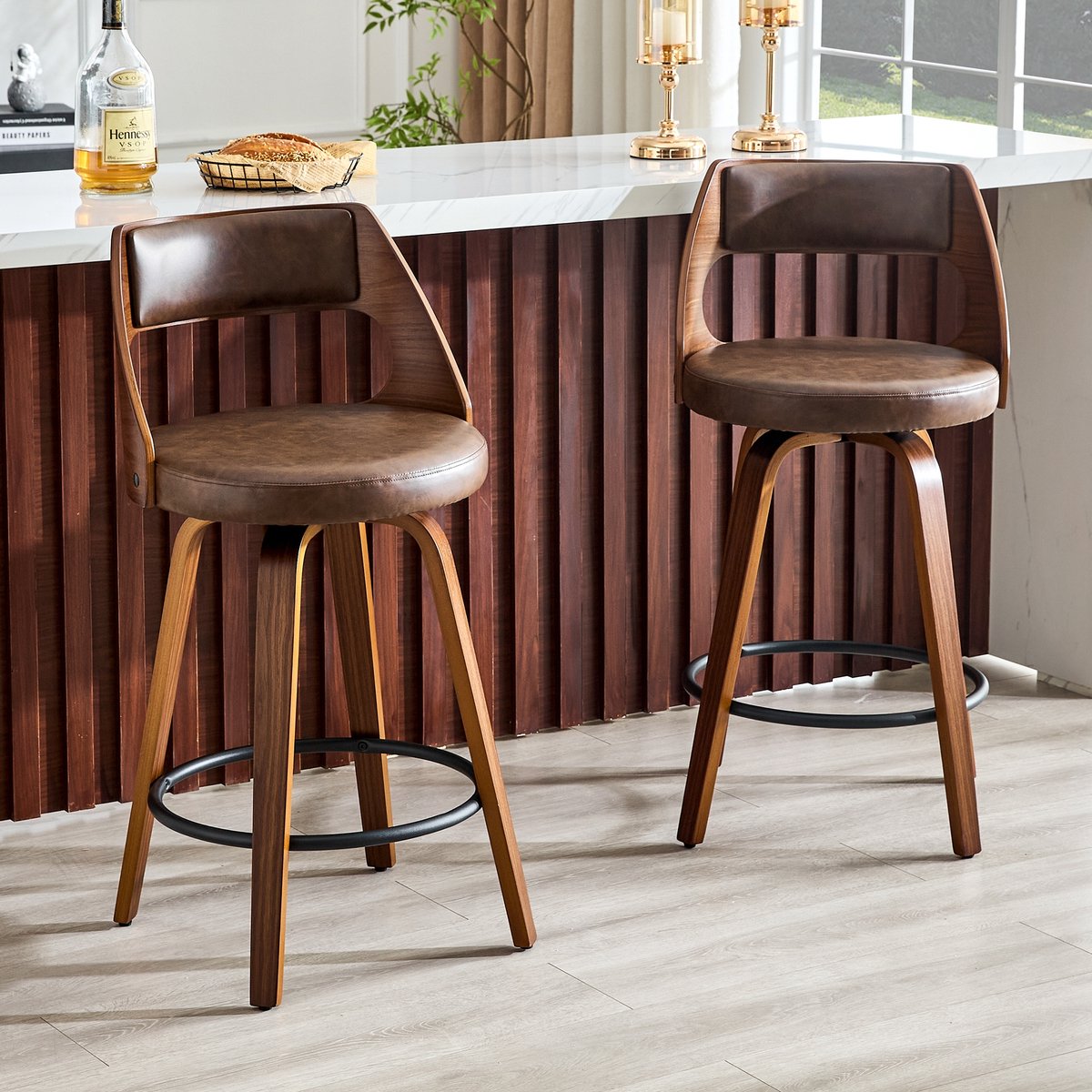 KOMHTOM - Set van 2 barkrukken - Rugleuning - Houten frame - PU-leer - Hoogte 92 cm - Alleen stoelen (zonder tafel)