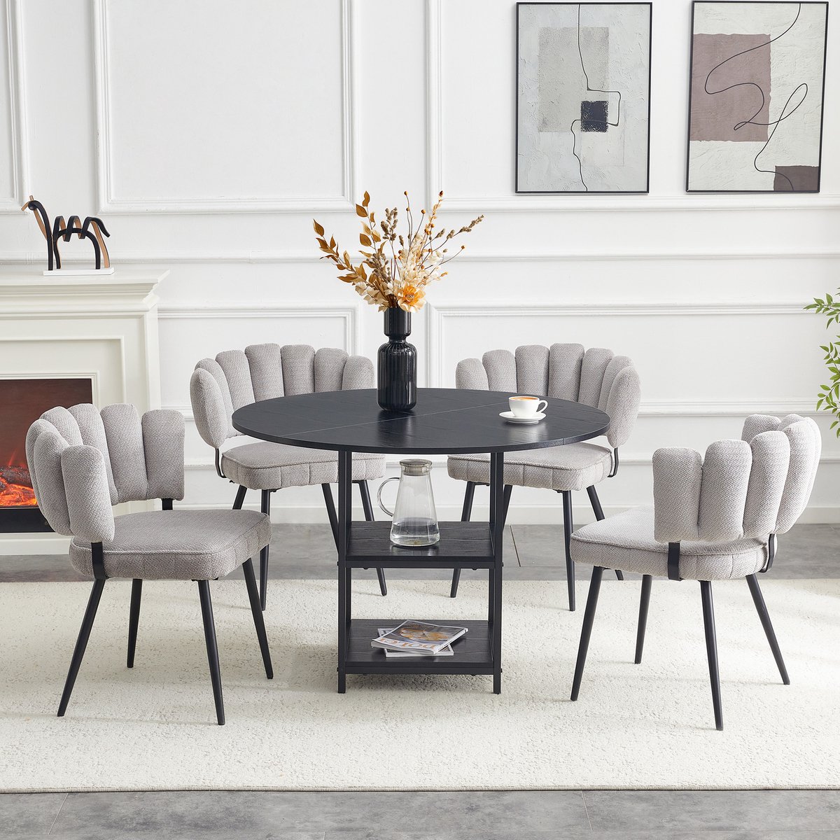 MODENUIT Eetkamerset 4-persoons - Ronde Tafel 107 cm met 2 Opbergplanken - Voor Eetkamer - MDF - Zwart Grijs Zwart, Grijs