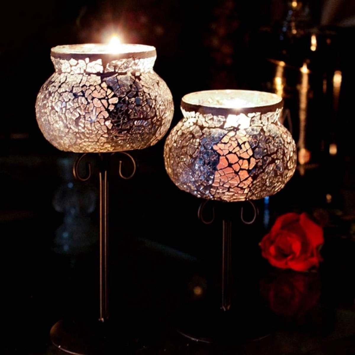 Kandelaars Metaal Glas - Middelpunt Tafeldecoratie - Sfeer Creëren - Set van 2 - 9 cm Basis - Vintage