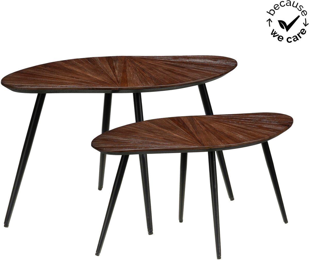 Mica Decorations Dane Bijzettafel Set van 2 - Bruin - Organisch Design - Zwarte Metalen Poten - L79 X B39 X H45 cm