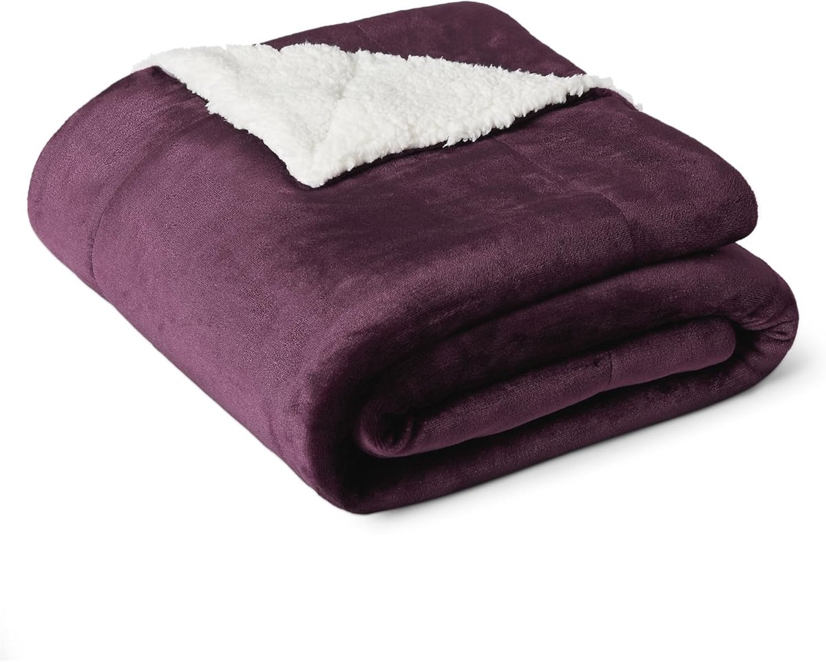 Famanu Omkeerbare sherpa fleece deken voor bank, 127 x 152 cm, paars