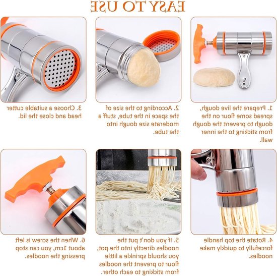 Handmatige Noodle Persmachine voor Thuis of Restaurant met 7 Mallen, RVS Pasta Maker voor Versgemaakte Noedels en Pasta — afbeelding 4